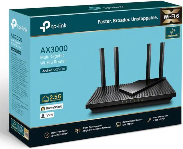 Alt view image 7 of 8 - TP-Link AX3000 WiFi 6 Router (Archer AX55 Pro) - Multi Gigabit Wireless Internet Router, 1 x 2.5 Gbps Port, Dual Band, VPN Router, OFDMA, MU-MIMO, USB Port, WPA3, Compatible with Alexa