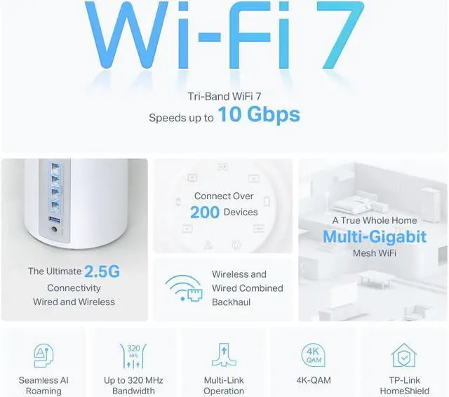 Alt view image 4 of 10 - TP-Link Tri-Band WiFi 7 BE10000 Whole Home Mesh System (Deco BE63) | 6-Stream 10 Gbps | 4 × 2.5G Ports Wired Backhaul, 4× Smart Internal Antennas | VPN, AI-Roaming, MU-MIMO, HomeShield (1-Pack)