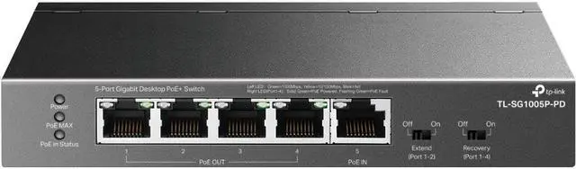 Alt view image 2 of 4 - TP-Link TL-SG1005P-PD Unmanaged 5-Port Gigabit Desktop PoE+ Switch with 1-Port PoE++ In and 4-Port PoE+Out
