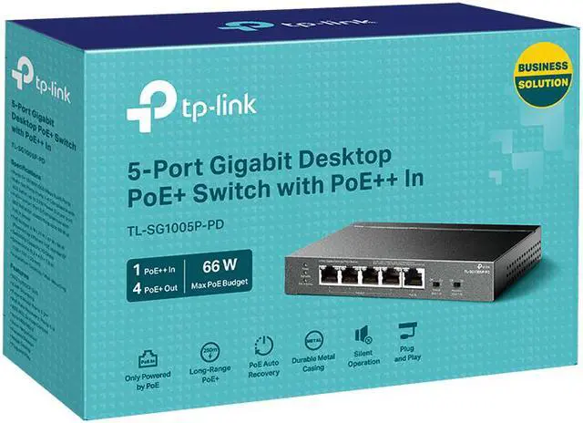 Alt view image 4 of 4 - TP-Link TL-SG1005P-PD Unmanaged 5-Port Gigabit Desktop PoE+ Switch with 1-Port PoE++ In and 4-Port PoE+Out