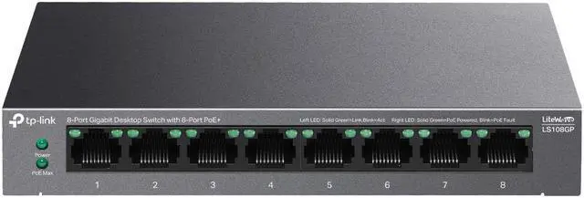 Main image of TP-Link LS108GP | 8-Port PoE Gigabit Ethernet Switch | 8 PoE+ Port @ 62W | Plug & Play | Extend, Priority & Isolation Mode | Desktop/Wall Mount | Silent Operation