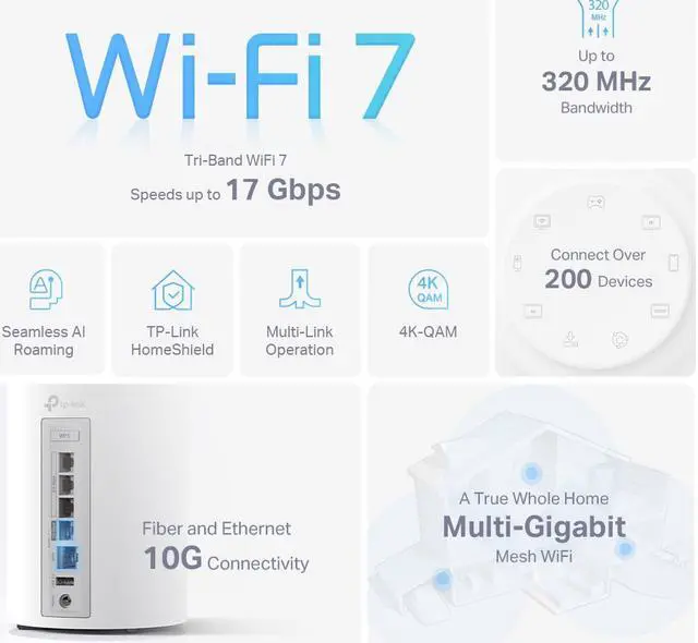 Alt view image 4 of 8 - TP-Link Deco BE75 BE17000 WiFi7 Wireless Tri-Band 1× 10G + 3× 2.5G Whole Home Mesh System