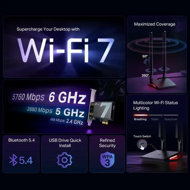 Alt view image 4 of 7 - TP-Link WiFi 7 BE9300 PCIe WiFi Card for Desktop PC(Archer TBE550E), Tri-Band Wireless Adapter with MLO, LED, Bluetooth 5.4, WPA3, Ultra-Low Latency, Easy Installation, Multicolor status LED