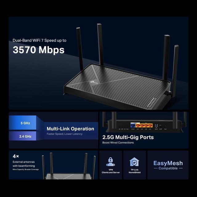 Alt view image 5 of 9 - TP-Link Dual-Band BE3600 Wi-Fi 7 Router Archer BE230 | 4-Stream 3.6 Gbps | 2×2.5G + 3×1G Ports, USB 3.0, 2.0 GHz Quad Core, 4 Antennas (Archer BE230)