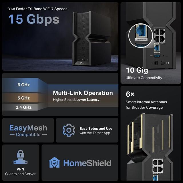 Alt view image 4 of 8 - TP-Link Archer BE700 BE15000 Tri-Band WiFI 7 10G / 2.5G Router