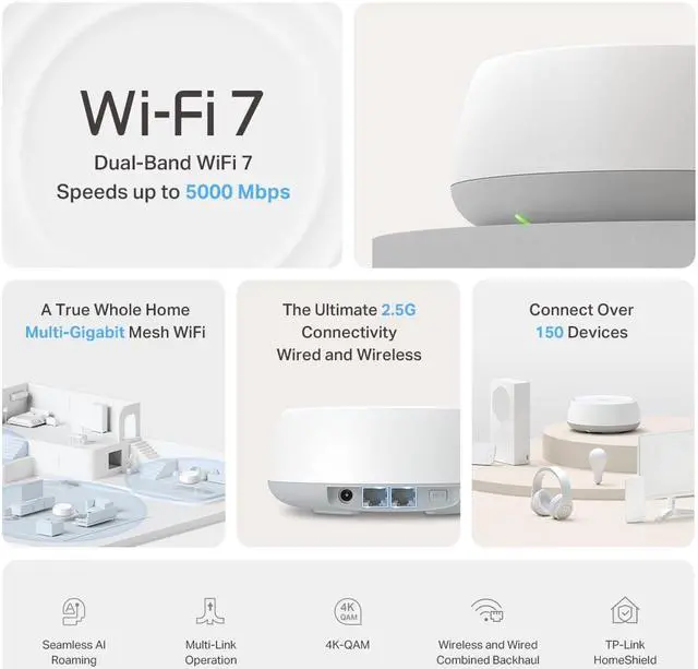 Alt view image 4 of 9 - TP-Link Dual-Band Deco BE25(3-pack) BE5000 Wi-Fi 7 Mesh Wi-Fi System | 4-Stream 5 Gbps | 240 Mhz Channels | Covers up to 6,600 Sq.Ft | 2x2.5G Ports Wired Backhaul | VPN,MLO, AI-Roaming, HomeShield