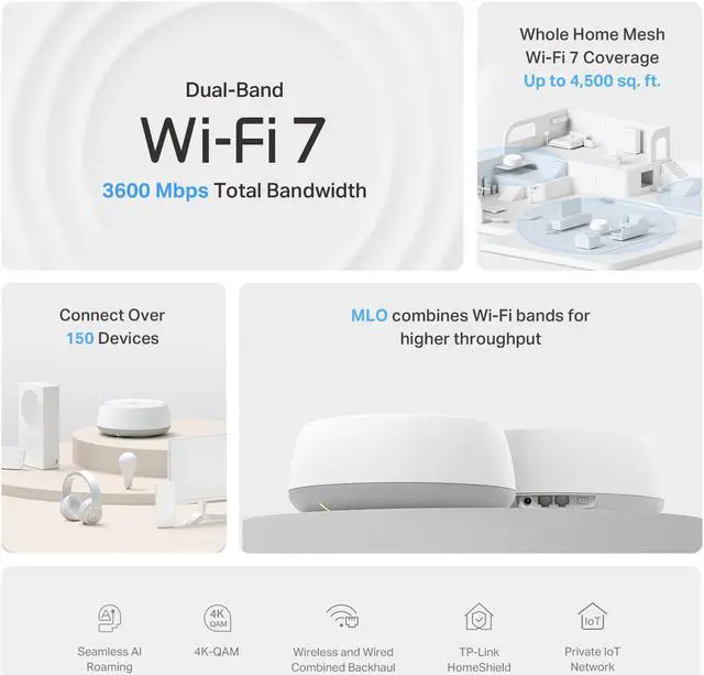 Alt view image 2 of 7 - TP-Link Dual-Band BE3600 WiFi 7 Mesh Wi-Fi System (Deco BE23) | 4-Stream 3.6 Gbps | 160 Mhz Channels | Covers up to 4,500 Sq.Ft | 2× 2.5G Ports Wired Backhaul | VPN,MLO,AI-Roaming, HomeShield (2-Pack)