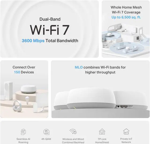 Alt view image 2 of 7 - TP-Link Dual-Band BE3600 WiFi 7 Mesh Wi-Fi System (Deco BE23) | 4-Stream 3.6 Gbps | 160 Mhz Channels | Covers up to 6,500 Sq.Ft | 2× 2.5G Ports Wired Backhaul | VPN,MLO,AI-Roaming, HomeShield (3-Pack)