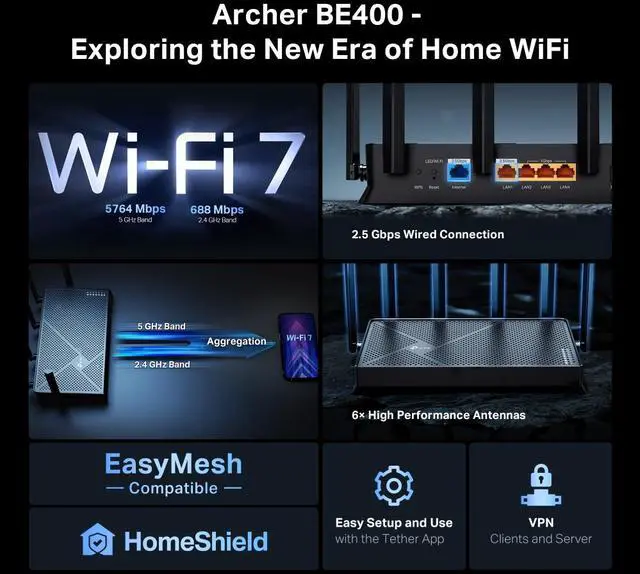 Alt view image 4 of 13 - TP-Link WiFi 7 Archer BE400 BE6500 2.5G Router