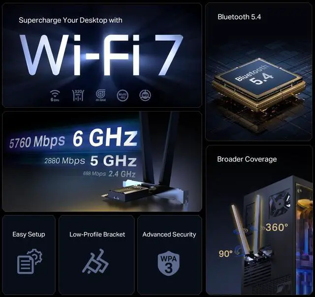 Alt view image 4 of 10 - TP-Link WiFi 7 Archer TBE552E BE9300 Tri-Band PCIe WiFi Card