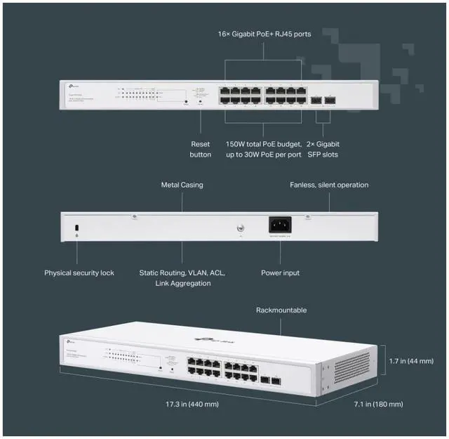 Alt view image 7 of 8 - TP-Link Festa FS318G 18 Port Gigabit Smart Managed Network Switch - 16 RJ45 ports & 2 SFP slots, Free Cloud Access, Static Routing, Vlan, IGMP Snooping, rack-mountable, fanless, Does not work w/ Omada