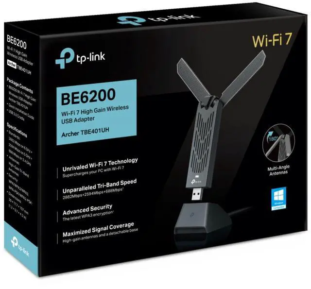Alt view image 7 of 7 - TP-Link BE6200 Tri-Band Wi-Fi 7 Wireless USB 3.0 Adapter Archer TBE401UH | WiFi Adapter for Desktop PC | Supports Windows 11,10 | 2 x High Gain Antennas | 6GHz, 4K-QAM, 160MHz, WPA3 | Secure by Design