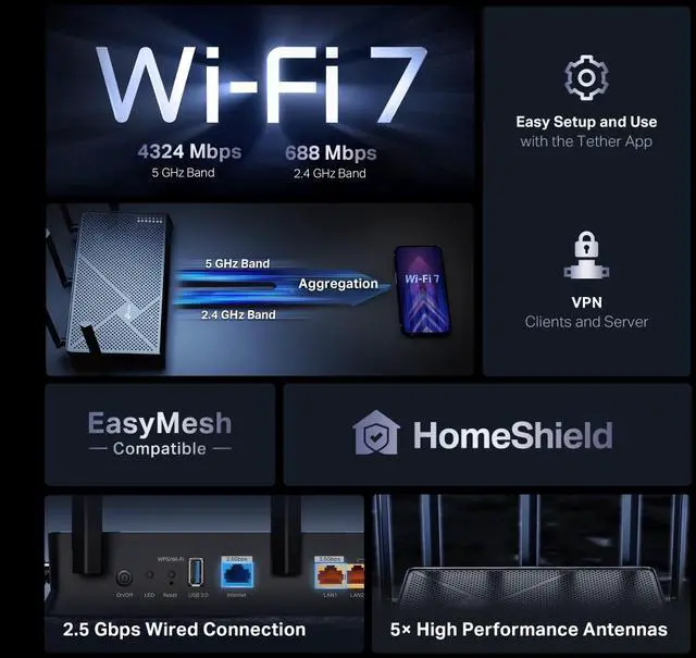 Alt view image 4 of 12 - TP-Link Archer BE260 BE5000 Dual-Band Wi-Fi 7 Router