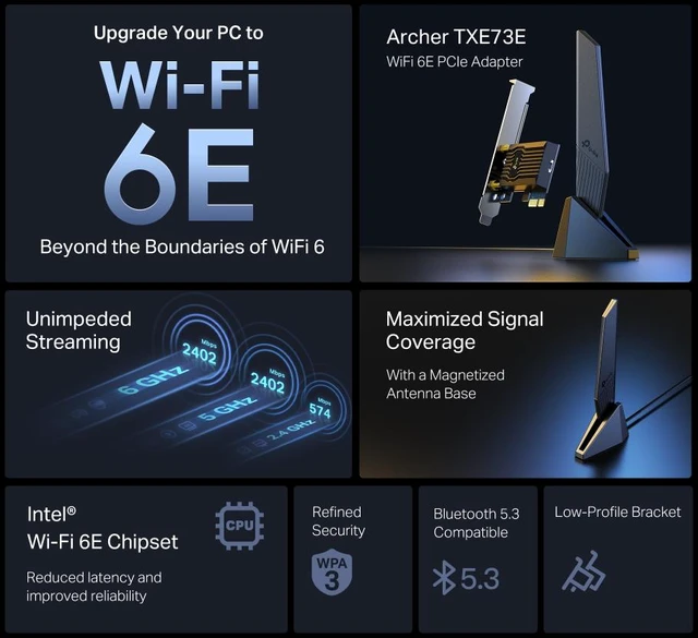 Alt view image 8 of 9 - TP-Link Archer TXE73E AXE5400 Wireless Tri-Band Wi-Fi 6E & Bluetooth 5.3 PCIe Adapter