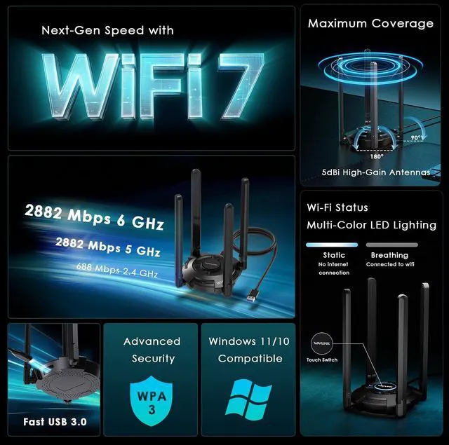 Alt view image 2 of 8 - WAVLINK BE6500 USB WiFi 7 Adapter for Desktop PC, Tri-Band PC WiFi Adapter