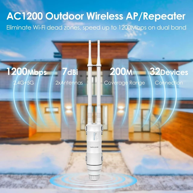 Alt view image 2 of 9 - WAVLINK AC1200 Outdoor Long Range WiFi Extender/Wireless Access Point with Active/Passive POE,WAN/LAN Port,IP67 Waterproof, Dual Band 5G+2.4G, 2x7dBi Antennas,Supports Router/AP/Repeater Modes