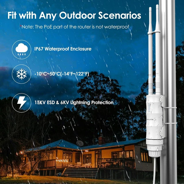 Alt view image 5 of 9 - WAVLINK AC1200 Outdoor Long Range WiFi Extender/Wireless Access Point with Active/Passive POE,WAN/LAN Port,IP67 Waterproof, Dual Band 5G+2.4G, 2x7dBi Antennas,Supports Router/AP/Repeater Modes
