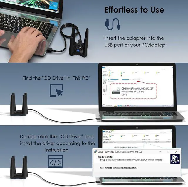 Alt view image 4 of 9 - WAVLINK AX5400 USB WiFi 6E Adapter for Desktop PC, Tri-Band PC WiFi Adapter