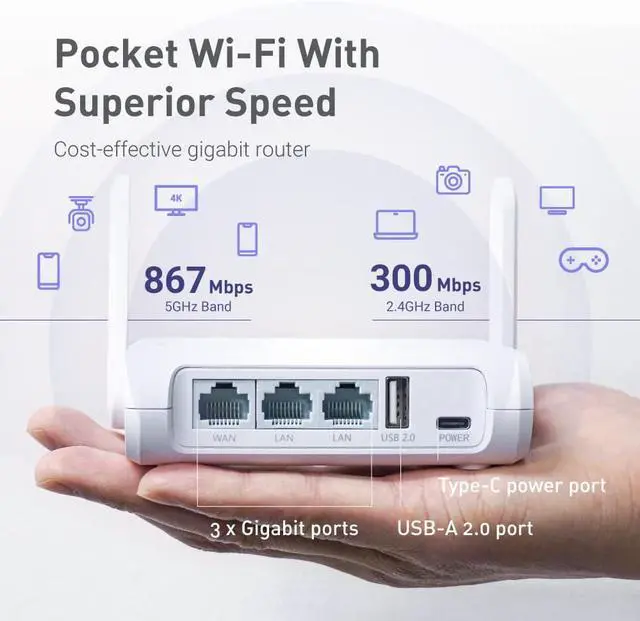 Alt view image 9 of 11 - GL.iNet GL-SFT1200 (Opal) Portable WiFi Travel Router, Mini VPN Wireless Router for Fiber Optic Modem, Mobile Internet WiFi Repeater, Dual Band Openwrt Computer Routers, Home/Business/RV/Cruise