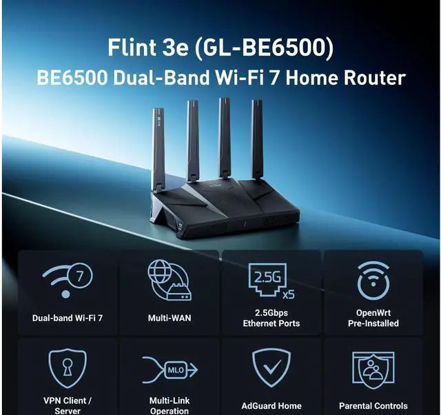 Alt view image 2 of 8 - GL.iNet GL-BE6500 (Flint 3e) WiFi 7 Router, High-Speed WiFi Router for Wireless Internet w/VPN, 5 x 2.5G Ethernet Port for Fiber Optic Modem, Long Range Large Home, Business & Gaming Computer Routers