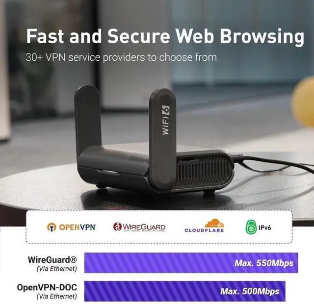Alt view image 2 of 7 - GL.iNet GL-AX1800(Flint) WiFi 6 Router -Dual Band Gigabit Wireless Internet Router | 5 x 1G Ethernet Ports | Up to 120 Devices | OpenVpn&WireGuard | Wi-Fi 6 1.8 Gbps, 5 Gigabit ports, 120 devices, WireGuard 500 Mbps, AdGuard Home, WPA3, eas