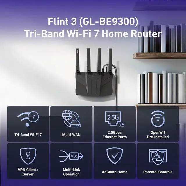 Alt view image 2 of 9 - GL.iNet GL-BE9300 Flint 3 Tri-Band Wi-Fi 7 Router 5 x 2.5G VPN Router | Tri-Band Wi-Fi 7 with 6GHz, 9 Gbps wireless speed for smooth 8K streaming, low-latency gaming, and video calls
