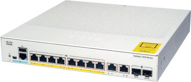 Main image of Cisco Catalyst 1000-8FP-E-2G-L Network Switch, 8 Gigabit Ethernet PoE+ Ports, 120W PoE Budget, 2 1G SFP/RJ-45 Combo Ports, Fanless Operation, Enhanced Limited (C1000-8FP-E-2G-L)