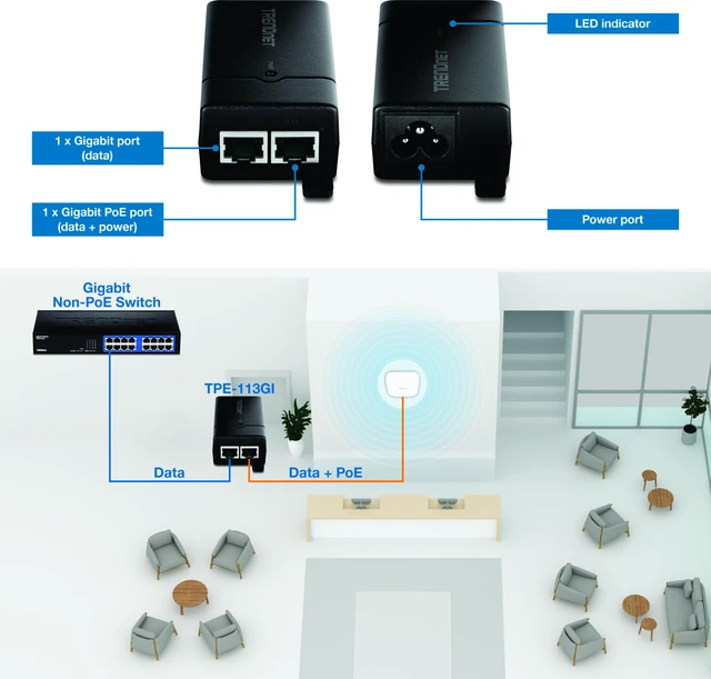 Alt view image 2 of 5 - TRENDnet Gigabit Power Over Ethernet Injector, Full Duplex Gigabit Speeds, 1 x Gigabit Ethernet Port, 1 x PoE Gigabit Ethernet Port, Network Devices Up To 100M (328 ft), 15.4W, Black, TPE-113GI