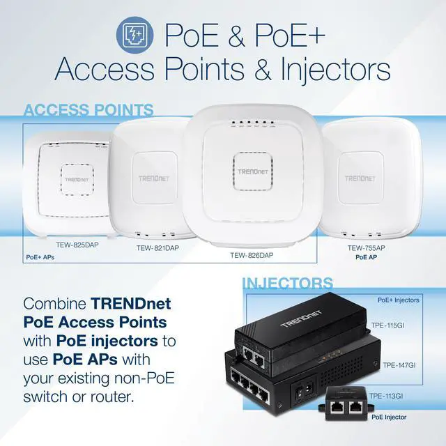 Alt view image 11 of 10 - TRENDnet Gigabit Power Over Ethernet Plus Injector, Converts Non-Poe Gigabit To Poe+ Or PoE Gigabit, Supplies PoE (15.4W) Or PoE+ (30W) Power Network Distances Up To 100M (328 ft.), Black, TPE-115GI