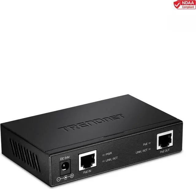 Main image of TRENDnet Gigabit PoE+ Repeater/Amplifier, TPE-E110, Extender, 1 x Gigabit PoE+ In Port, 1 x Gigabit PoE Out Port, Extends 100m for Distance Up to 200m (656 ft), Supports PoE (15.4W) & PoE+ (30W)