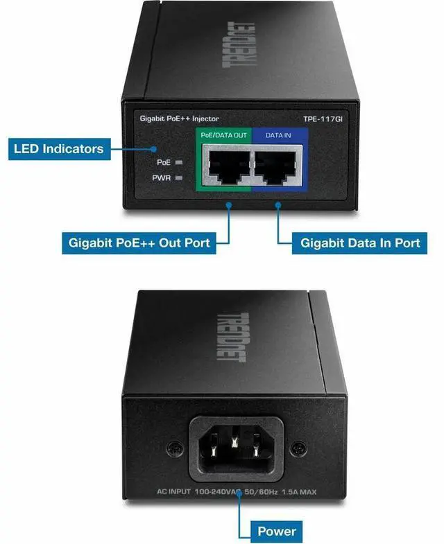 Alt view image 3 of 9 - TRENDnet Gigabit Ultra PoE+ Injector, TPE-117GI