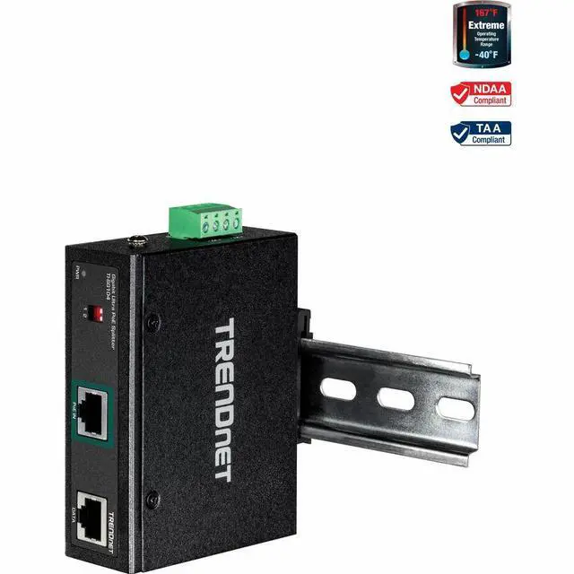 Main image of TRENDnet Industrial Gigabit UPoE Splitter, Dual DC Power Outputs, DIN-Rail or Wall-Mountable, Adjustable Voltage Output, TI-SG104