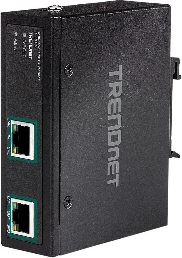 Main image of TRENDnet Industrial Gigabit PoE+ Extender, TI-E100, Single Port PoE, Power Over Ethernet, Supports PoE (15.4W) and PoE+ (30W), Extends 100m, Cascade 2 Units for Distance Up to 300m (984 ft.), IP30