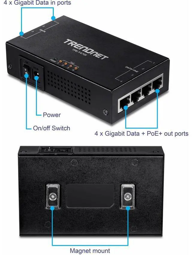 Alt view image 6 of 6 - TRENDnet 65W 4-Port Gigabit PoE+ Injector, TPE-147GI