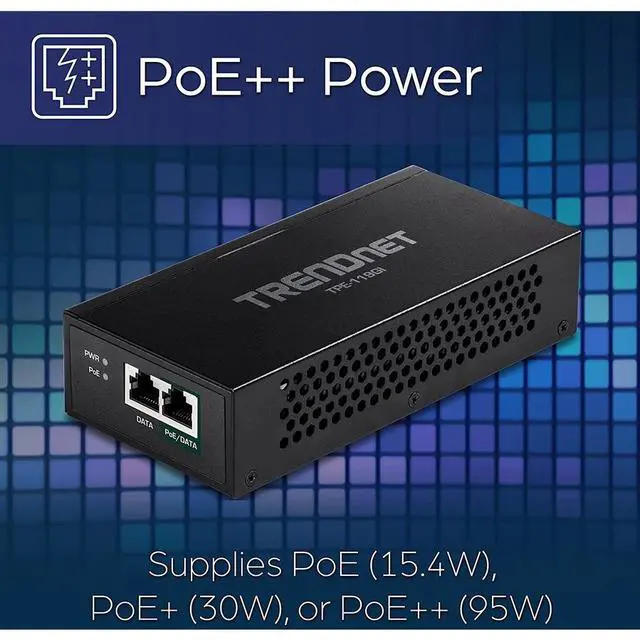 Alt view image 10 of 13 - TRENDnet Gigabit PoE++ Injector, Convert A Non-PoE Port to A PoE++ Gigabit Port, PoE (15.4W), PoE+ (30W), Or PoE++ (95W), Up to 100m (328 ft), Integrated Power Supply, Black, TPE-119GI
