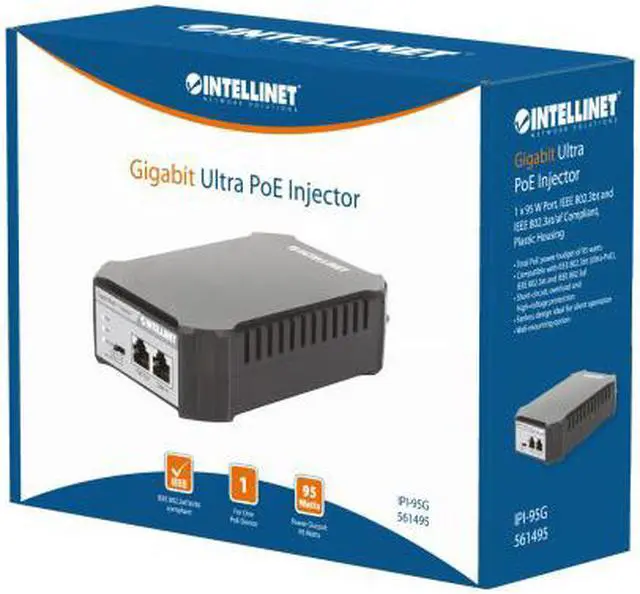 Alt view image 9 of 9 - Intellinet Gigabit PoE++ Injector, One 95 W Port, IEEE 802.3bt (4PPoE) Compliant, Plastic Housing, Wall-mount Option