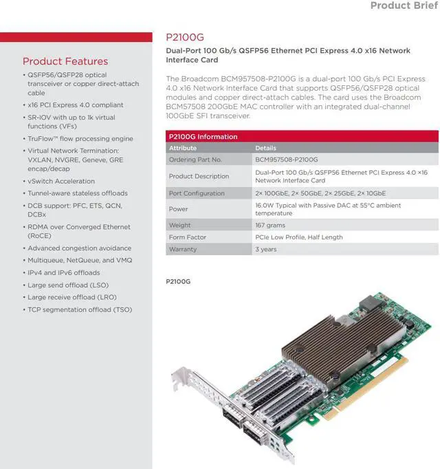 Alt view image 2 of 7 - Broadcom BCM957508-P2100G High-Performance, Feature-Rich NetXtreme E-Series Dual-Port 100G PCIe Ethernet NIC 100Gbps PCIe 4.0 x16 2 x QSFP56