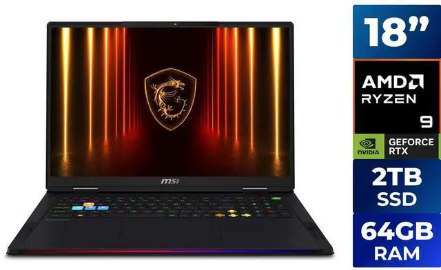 Main image of MSI Raider18 HX AI 18" UHD+ mini LED 120Hz Gaming Laptop AMD Ryzen R9-9955HX3D RTX 5080 64GBDDR5 2TB NVMe SSD Win 11PRO