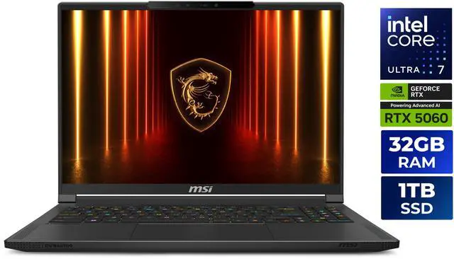 Main image of MSI Stealth 16 AI - 16" - GeForce RTX™ 5060 Laptop GPU - Intel® Core™ Ultra7-255H RTX - 32GB DDR5 - 1TB NVMe SSD - Win 11 Home (Stealth 16 AI A2HWFG-041US )