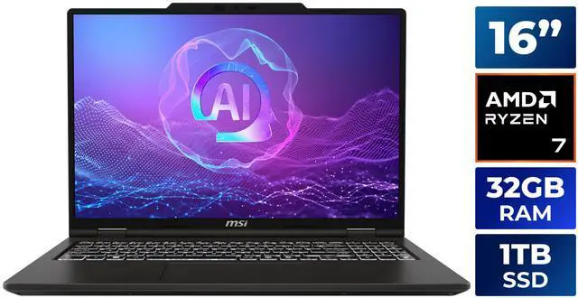 Main image of MSI Venture A16 AI+ FHD+ Touchscreen 16" Laptop, AMD Ryzen AI 7 350, AMD Radeon Graphics, 32GB DDR5, 1TB NVMe SSD, Windows 11 (Venture A16 AI+ A3HMTG-035CA)