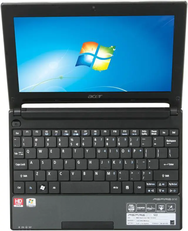 Alt view image 6 of 8 - Acer Aspire One AO522-BZ897 Diamond Black AMD Dual-Core Processor C-50 (1.00 GHz) 10.1" 1GB Memory 250GB HDD Netbook