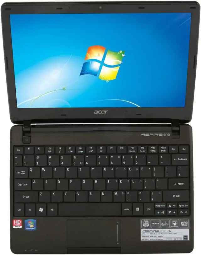 Alt view image 6 of 8 - Acer Aspire One AO722-BZ848 Espresso Black AMD Dual-Core Processor C-50 (1.00 GHz) 11.6" 4GB Memory 500GB HDD Netbook