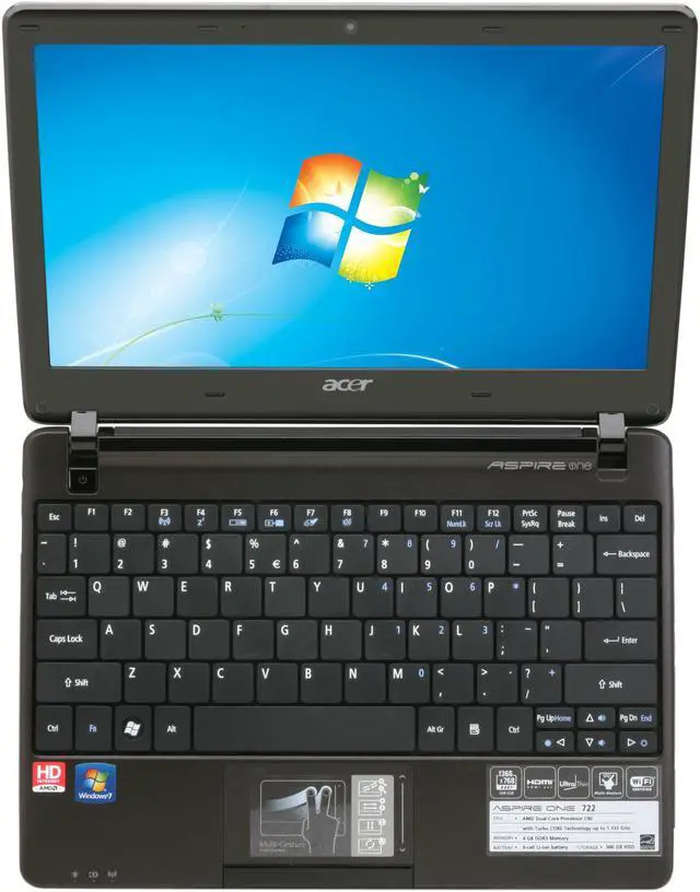 Alt view image 6 of 8 - Acer Aspire One AO722-0418 Espresso Black AMD Dual-Core Processor C-60 (1.00 GHz) 11.6" 4GB Memory 500GB HDD Netbook