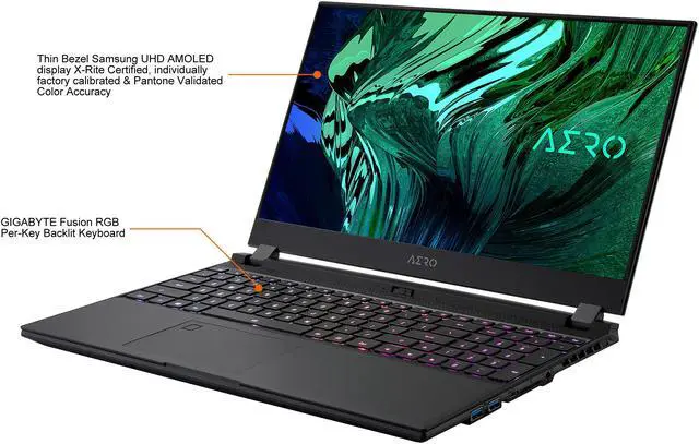 Alt view image 4 of 13 - GIGABYTE AERO 15 OLED YD - 15.6" UHD 4K AMOLED IPS, Intel Core i9, NVIDIA GeForce RTX 3080 Laptop GPU 8GB GDDR6, 32GB RAM, 512GB SSD + 1TB SSD, Win10 Pro, Creator Laptop (AERO 15 OLED YD-93US648SP)