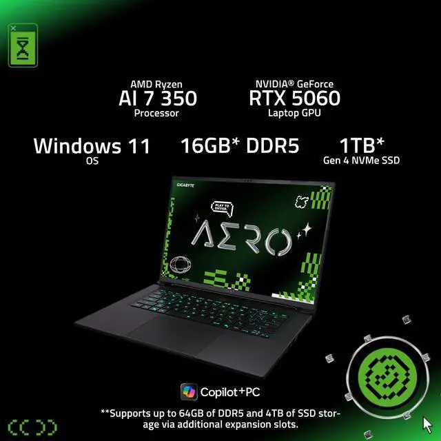 Alt view image 11 of 20 - GIGABYTE AERO X16; Copilot+ PC - 165Hz 2560x1600 WQXGA - NVIDIA GeForce RTX 5060 - AMD Ryzen AI 7 350 - 1TB SSD with 16GB DDR5 RAM - Windows 11 Home - Space Gray