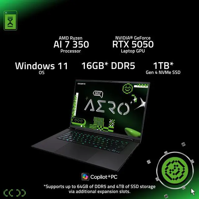 Alt view image 3 of 19 - GIGABYTE AERO X16; Copilot+ PC - 165Hz 2560x1600 WQXGA - NVIDIA GeForce RTX 5050 - AMD Ryzen AI 7 350 - 1TB SSD with 16GB DDR5 RAM - Windows 11 Home - Space Gray