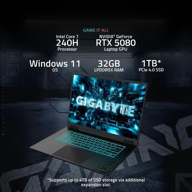 Alt view image 12 of 19 - GIGABYTE - GAMING A16 PRO Gaming Laptop - 165Hz 2560x1600 WQXGA - NVIDIA GeForce RTX 5080 - Intel Core 7 240H - 1TB SSD with 32GB LPDDR5X RAM - Windows 11 Home (GAMING A16 PRO DYHG5USCC4SH)