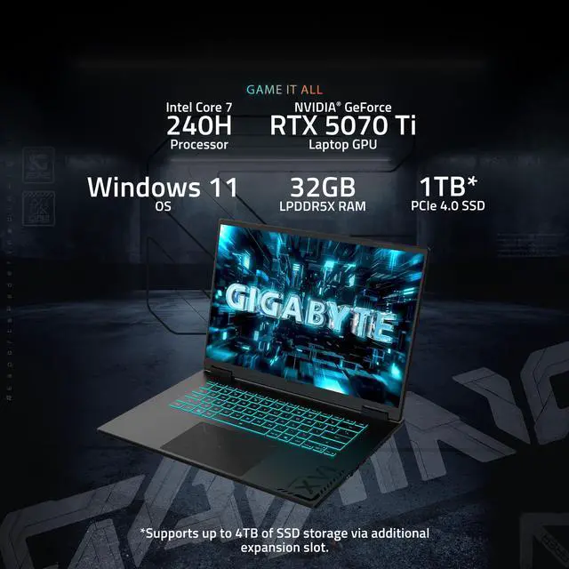 Alt view image 12 of 20 - GIGABYTE - GAMING A16 PRO Gaming Laptop - 165Hz 2560x1600 WQXGA - NVIDIA GeForce RTX 5070 Ti - Intel Core 7 240H - 1TB SSD with 32GB LPDDR5X RAM - Windows 11 Home (GAMING A16 PRO DXHG4USCC4SH)