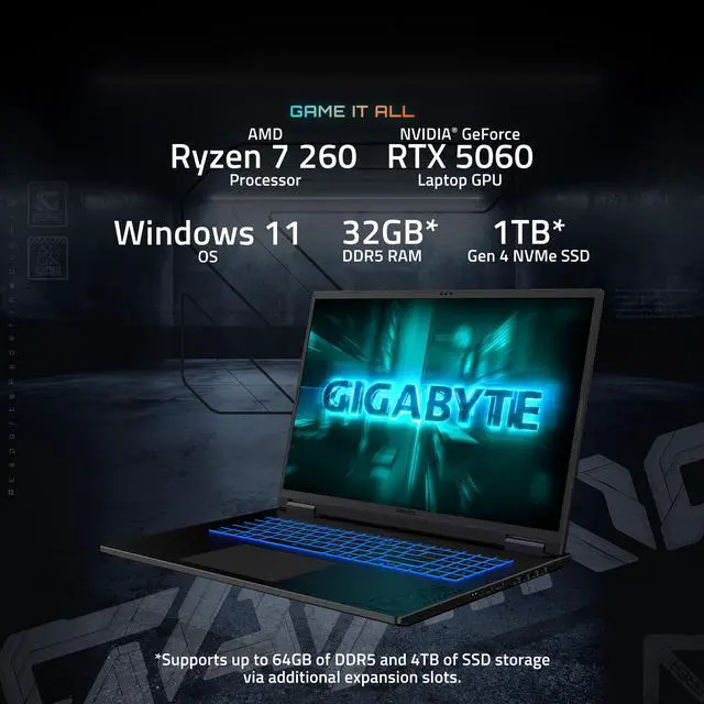 Alt view image 12 of 19 - GIGABYTE GAMING A18 Gaming Laptop - 165Hz 2560x1600 WQXGA - NVIDIA GeForce RTX 5060 - AMD Ryzen 7 260 - 1TB SSD with 32GB DDR5 RAM - Windows 11 Home - Black Steel (3VHK3USC64SH)