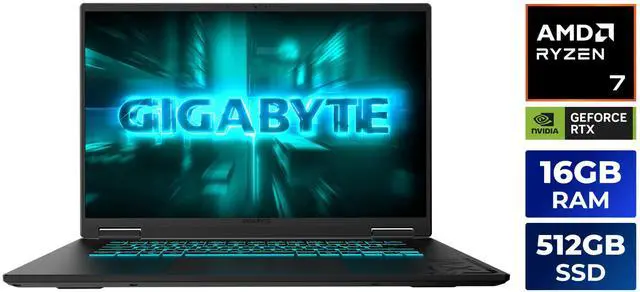 Main image of GIGABYTE - GAMING A16 Gaming Laptop - 165Hz 1920x1200 WUXGA - NVIDIA GeForce RTX 5060 - AMD Ryzen 7 170 - 512 GB SSD- 16GB DDR5 RAM - Windows 11 Home AD - Black Steel